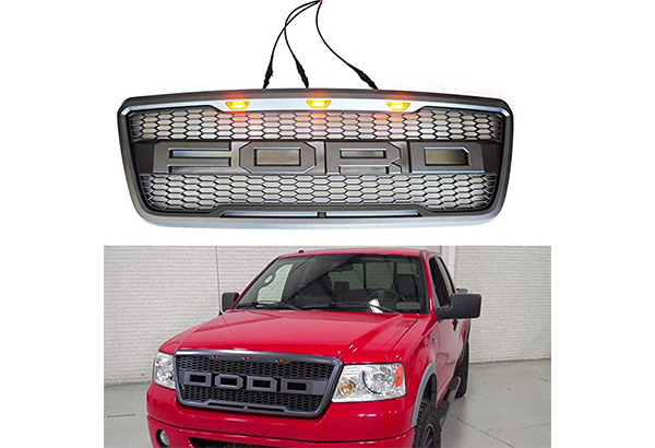 TIKSCIENCE Front Grille Fit 2004-2008 Ford F150 Raptor Style Grill with 3 Amber LED Light and F&R Letter -Gray